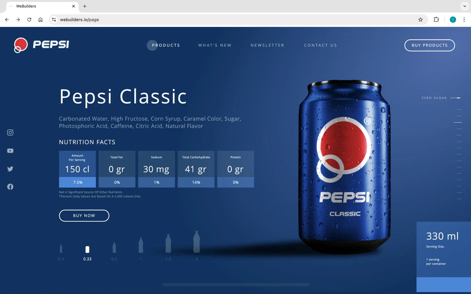 Démo Pepsi — fiche produit boisson avec valeurs nutritionnelles